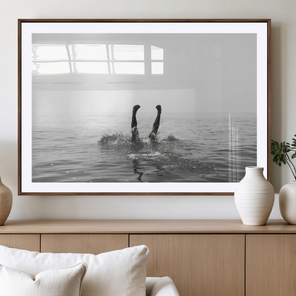 Black White Ocean Wall Art Canvas Print, Framed Monochrome Diving into Water Artwork