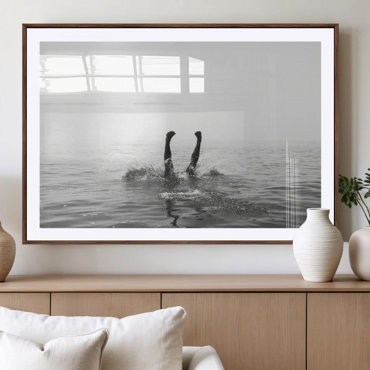 Black White Ocean Wall Art Canvas Print, Framed Monochrome Diving into Water Artwork
