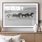 Wild Horses Running Wall Art Canvas Print, Framed Black White Mustangs Artwork