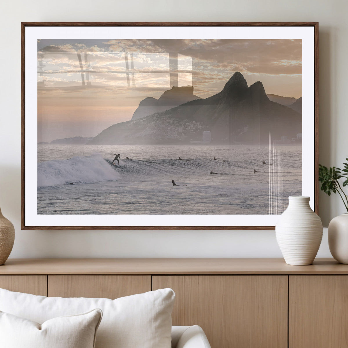 Sunset Surfing Wall Art Canvas Print, Framed Misty Mountains and Surfer Riding a Wave