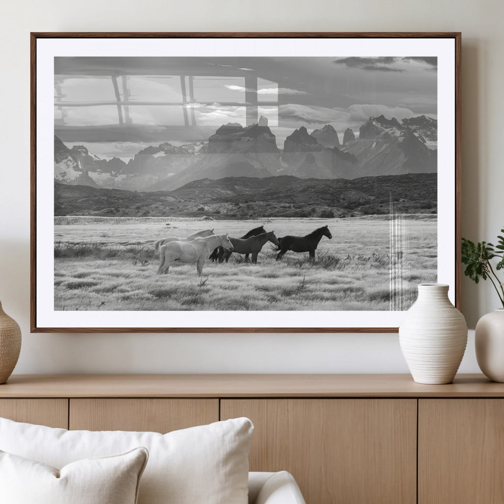 Wild Horses Wall Art | Framed Black White Mountain Canvas