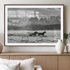Wild Horses Wall Art | Framed Black White Mountain Canvas