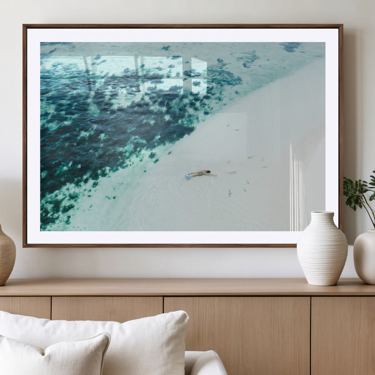 Minimal Beach Wall Art Canvas Print, Framed Ocean Swimming Art, Clear Ocean Decor