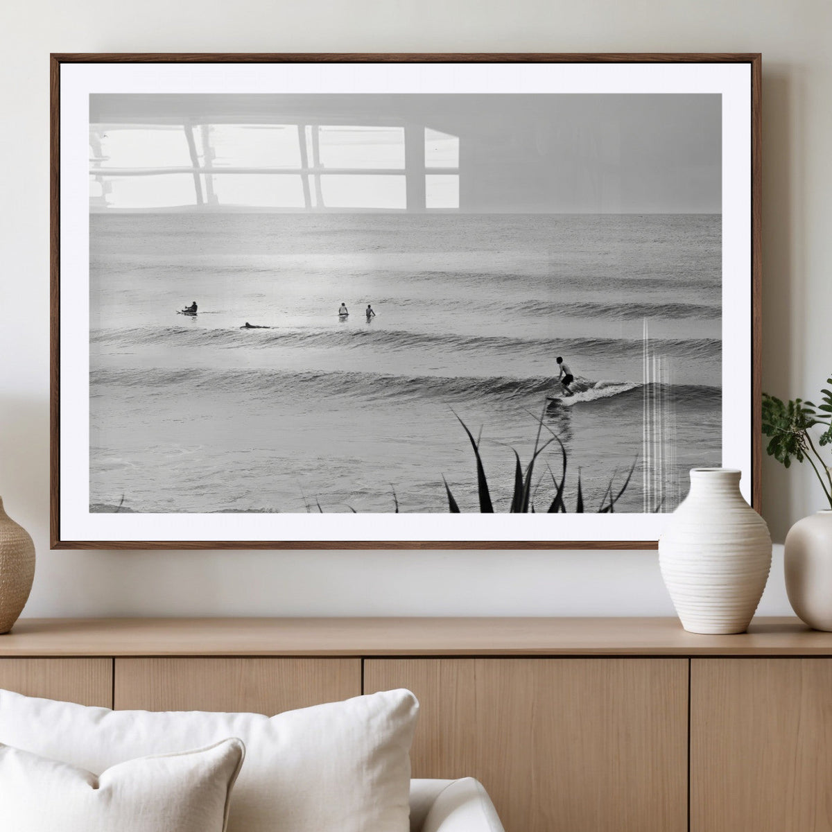 Surfer Silhouette Wall Art Canvas Print, Framed Calm Ocean Monochrome Surf