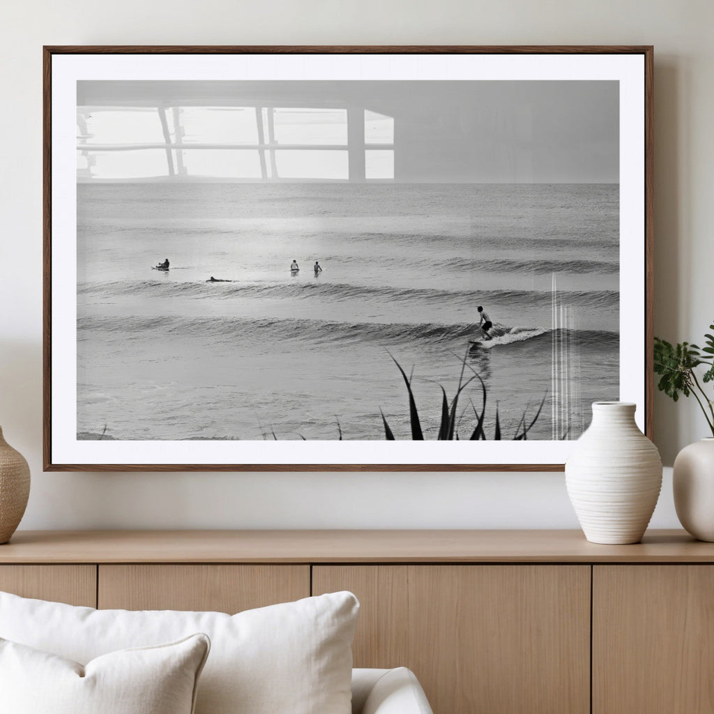 Surfer Silhouette Wall Art | Framed Calm Ocean Canvas