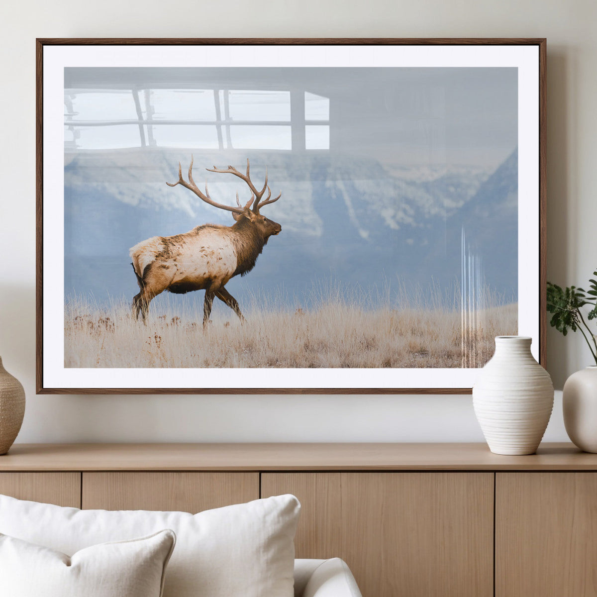 Elk Photography Wall Art Canvas Print, Framed Mountain Wildlife Art, Rustic Lodge Decor