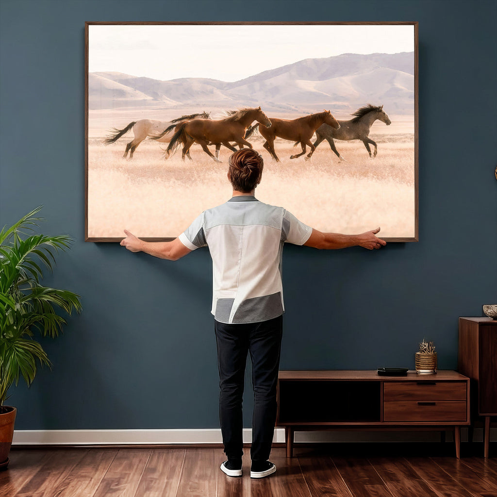 Wild Horse Wall Art Canvas Print, Framed Rustic Western Art, Desert Horse Scene