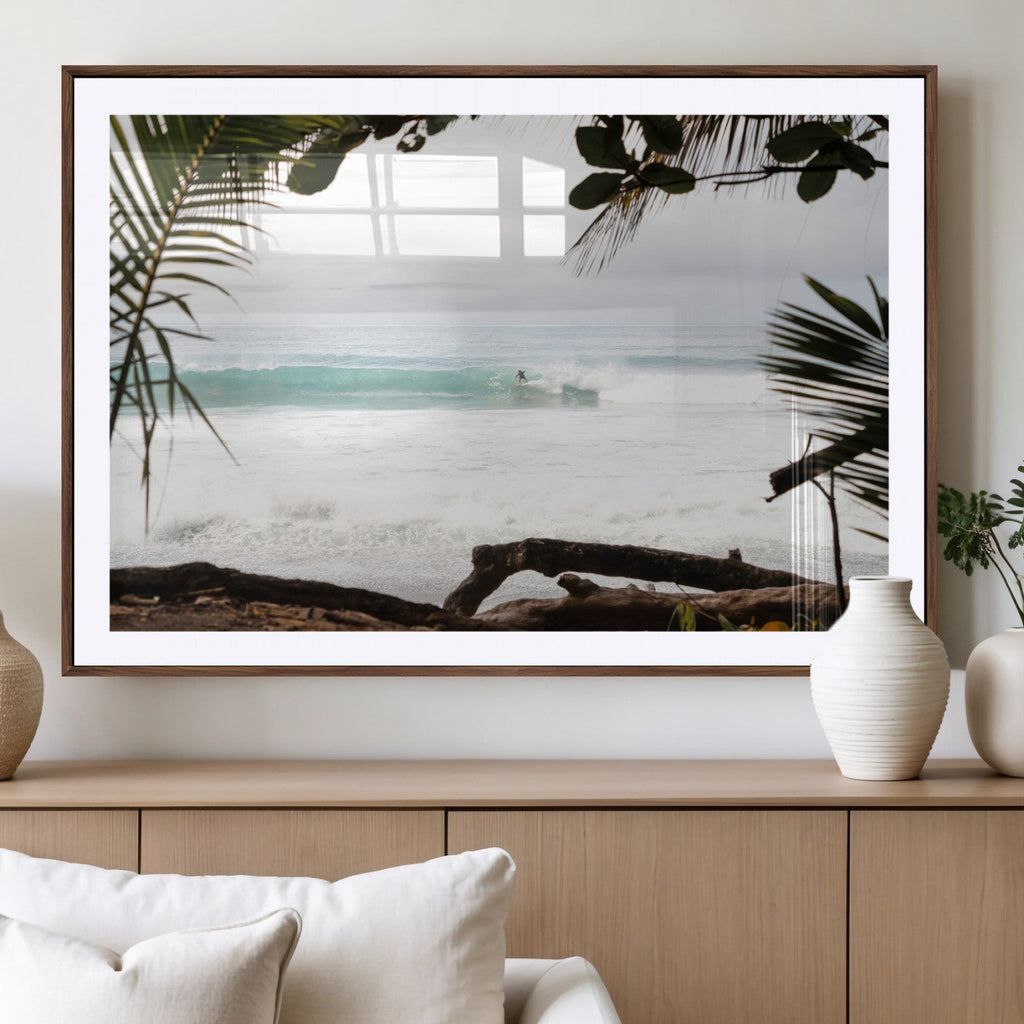 Tropical Surf Wall Art Canvas Print, Framed Palm Tree View Art, Boho Beach House Decor