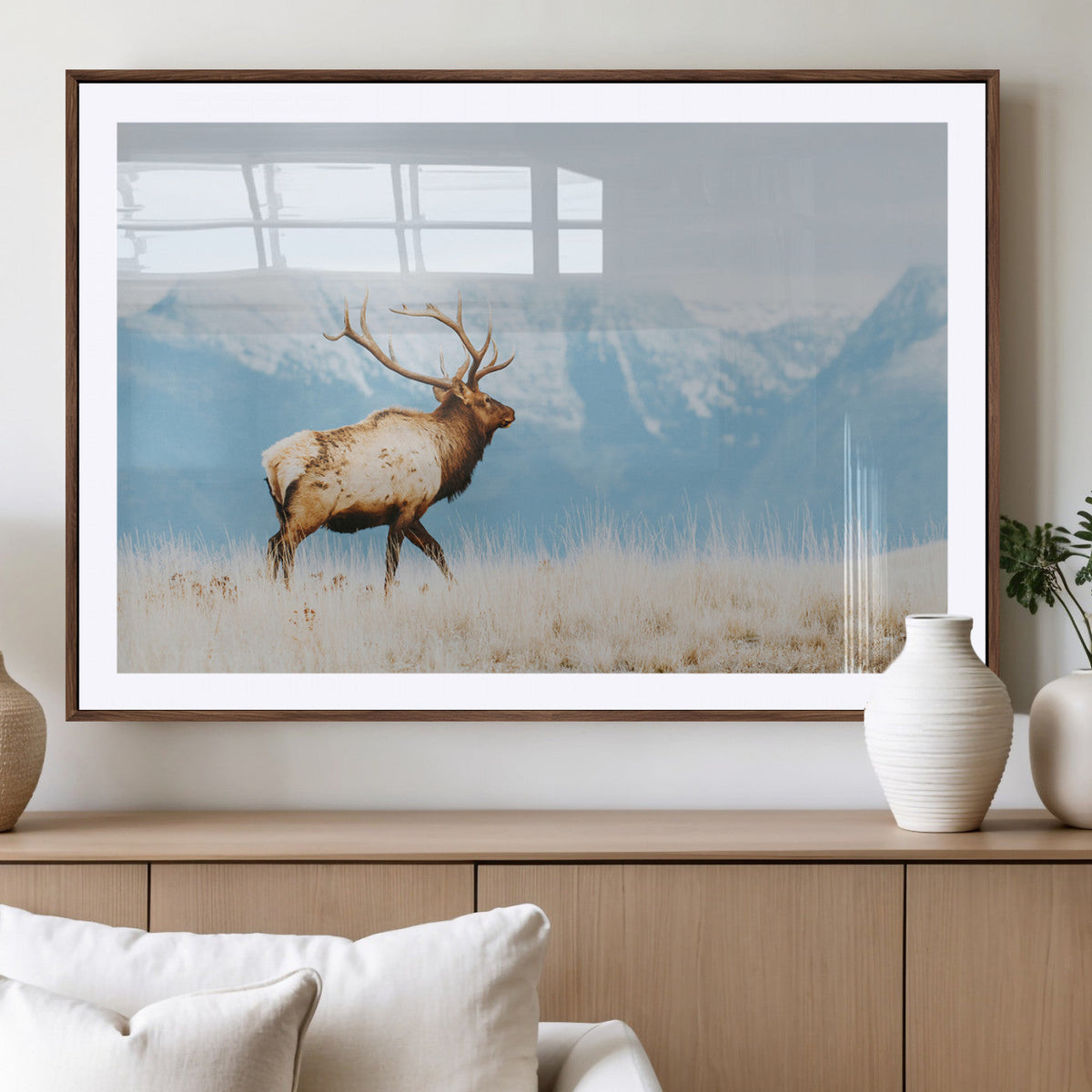 Mountain Elk Wall Art Canvas Print, Framed Rustic Wildlife Art, Lodge Style Decor