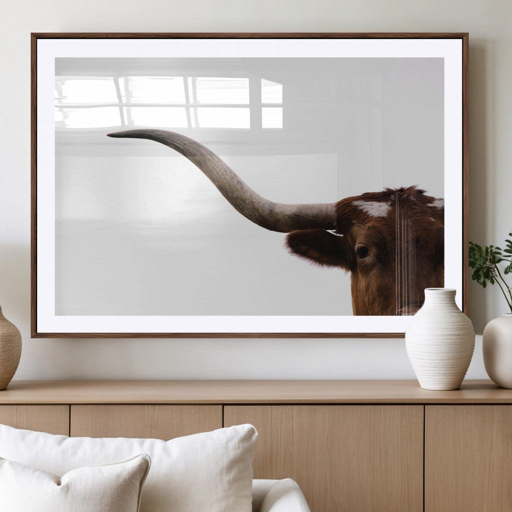 Texas Longhorn Wall Art Canvas Print, Framed Minimalist Cow Art, Ranch Style Decor