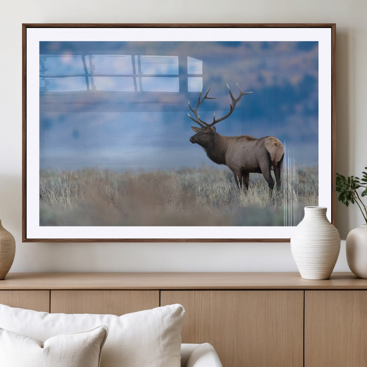 Elk Wall Decor Canvas Print, Framed Rustic Wildlife Art, Mountain Elk Landscape