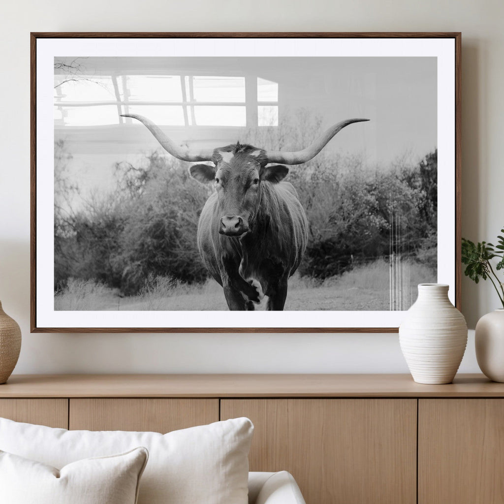 Longhorn Photography Wall Art Canvas Print, Framed Western Cow Texas Ranch Decor
