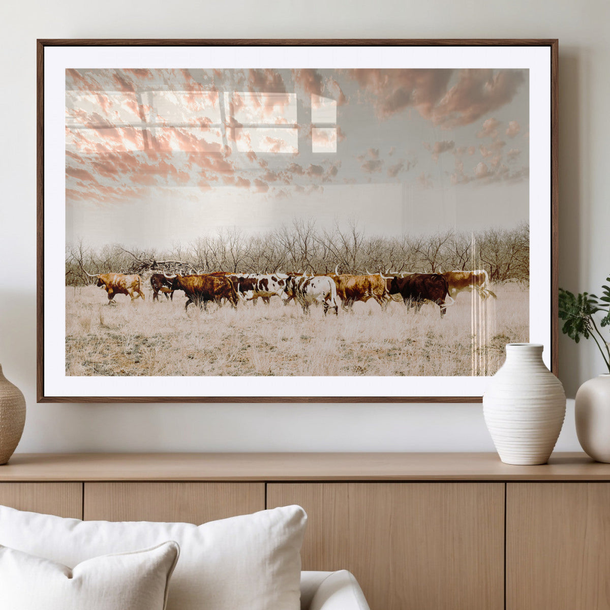 Country Cow Herd Wall Art Canvas Print, Framed Farmhouse Cattle Scene, Rustic Ranch Decor