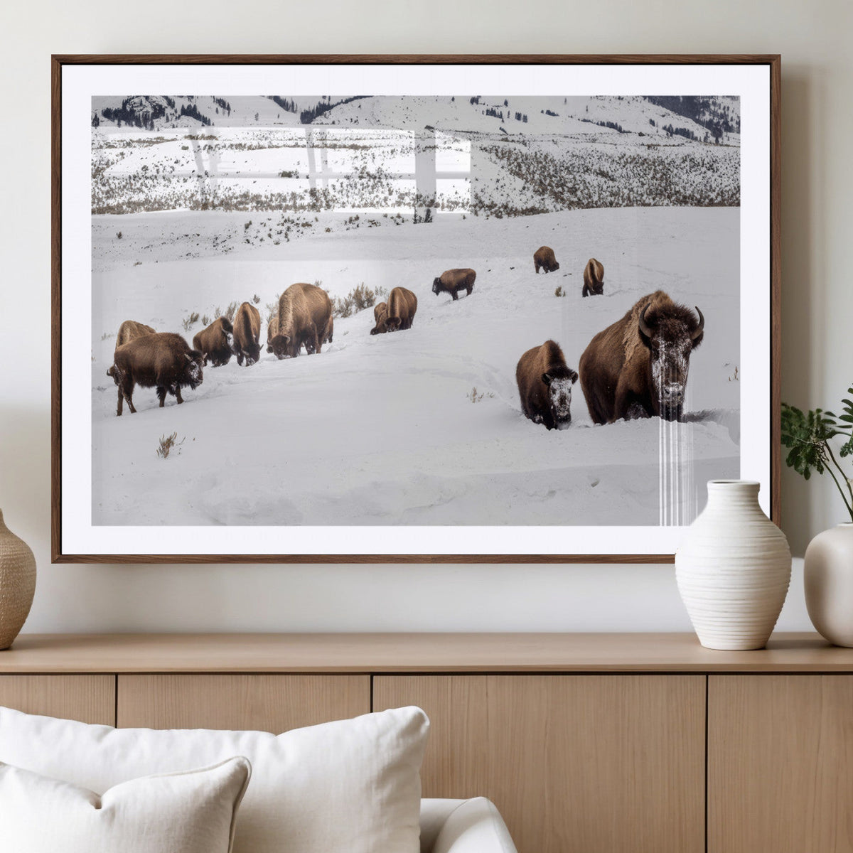 Bison Herd Wall Art Canvas Print, Framed Western Wildlife Decor, Snowy Mountain Valley
