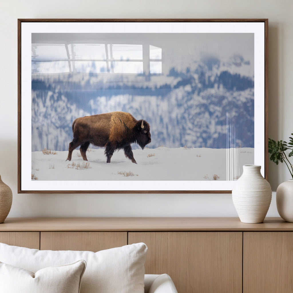 Bison Snow Wall Art Canvas Print, Framed Wildlife Scene, Western Ranch Style Decor