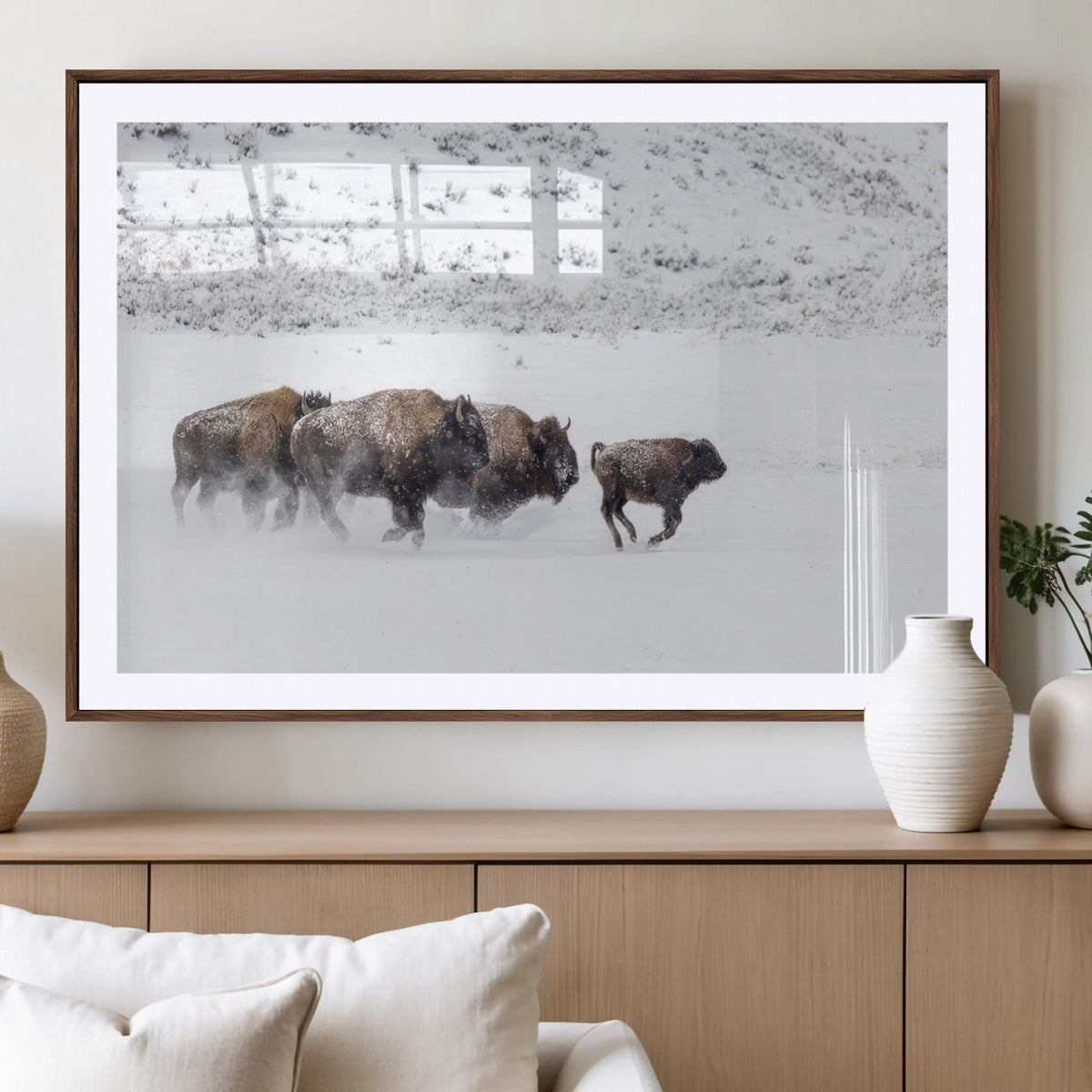 Bison Herd Wall Art Canvas Print, Framed Snowy Bison Scene, Winter Wildlife Decor