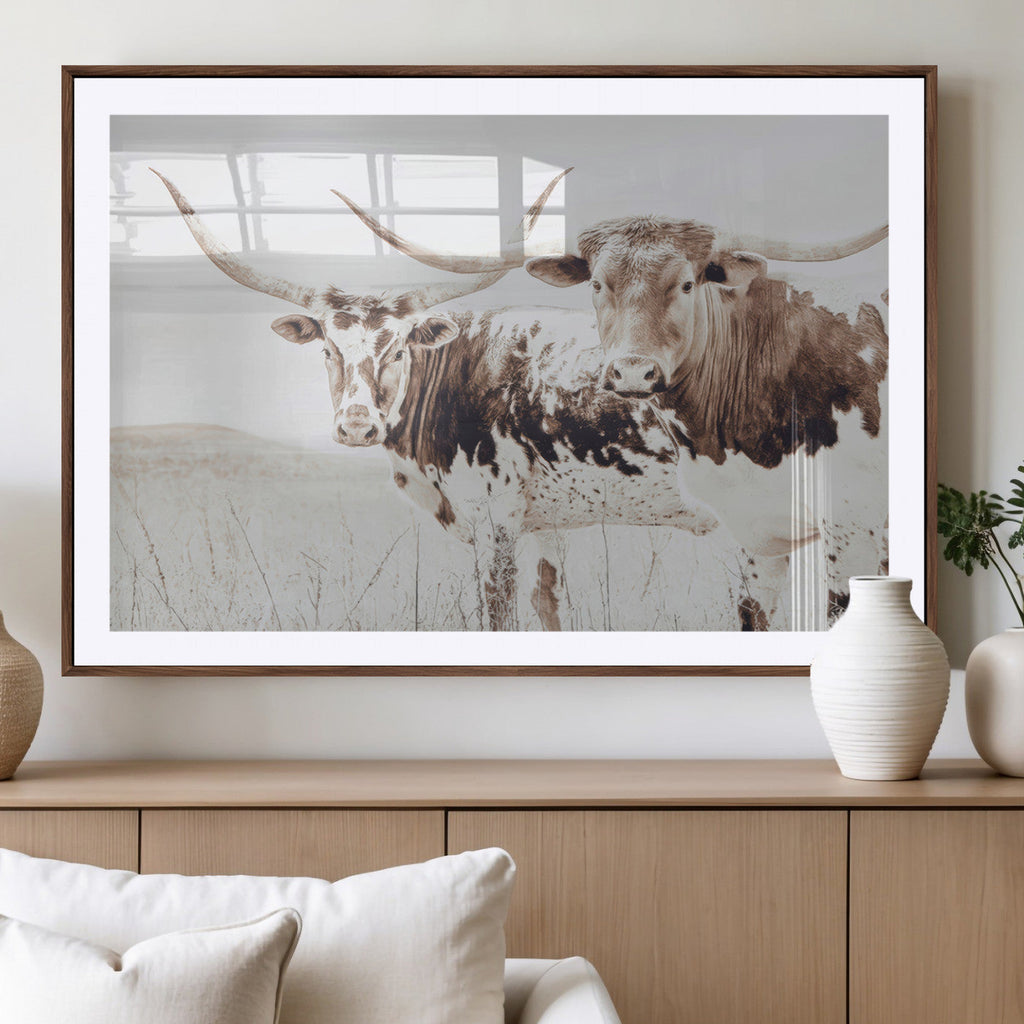 Longhorn Cow Wall Art Canvas Print, Framed Rustic Cattle Art, Sepia Western Decor
