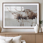 Longhorn Cow Wall Art Canvas Print, Framed Rustic Cattle Art, Sepia Western Decor