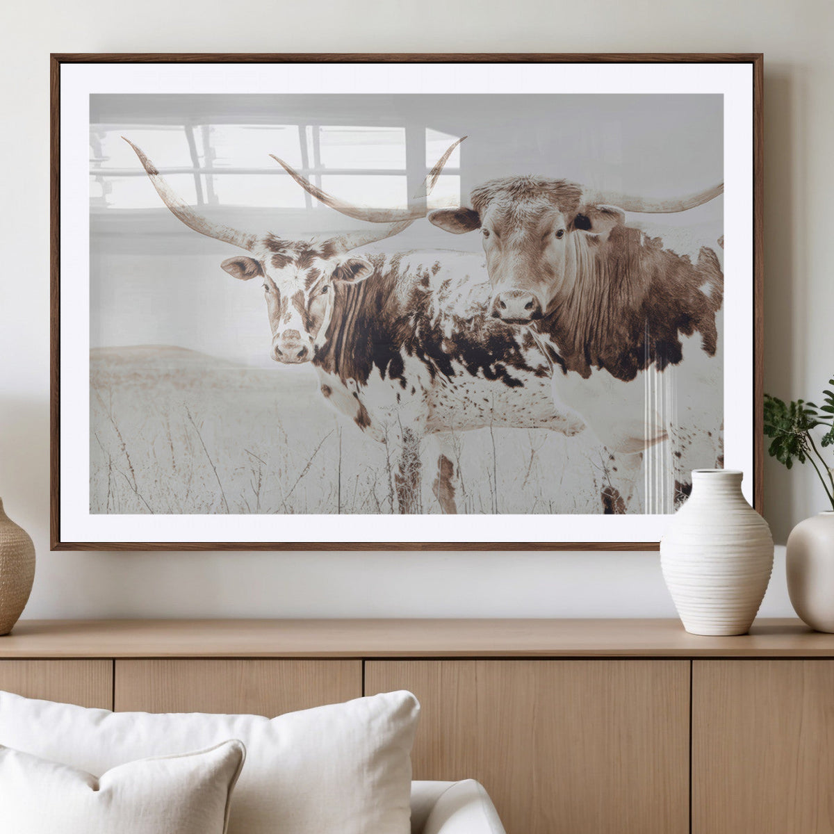 Longhorn Cow Wall Art Canvas Print, Framed Rustic Cattle Art, Sepia Western Decor