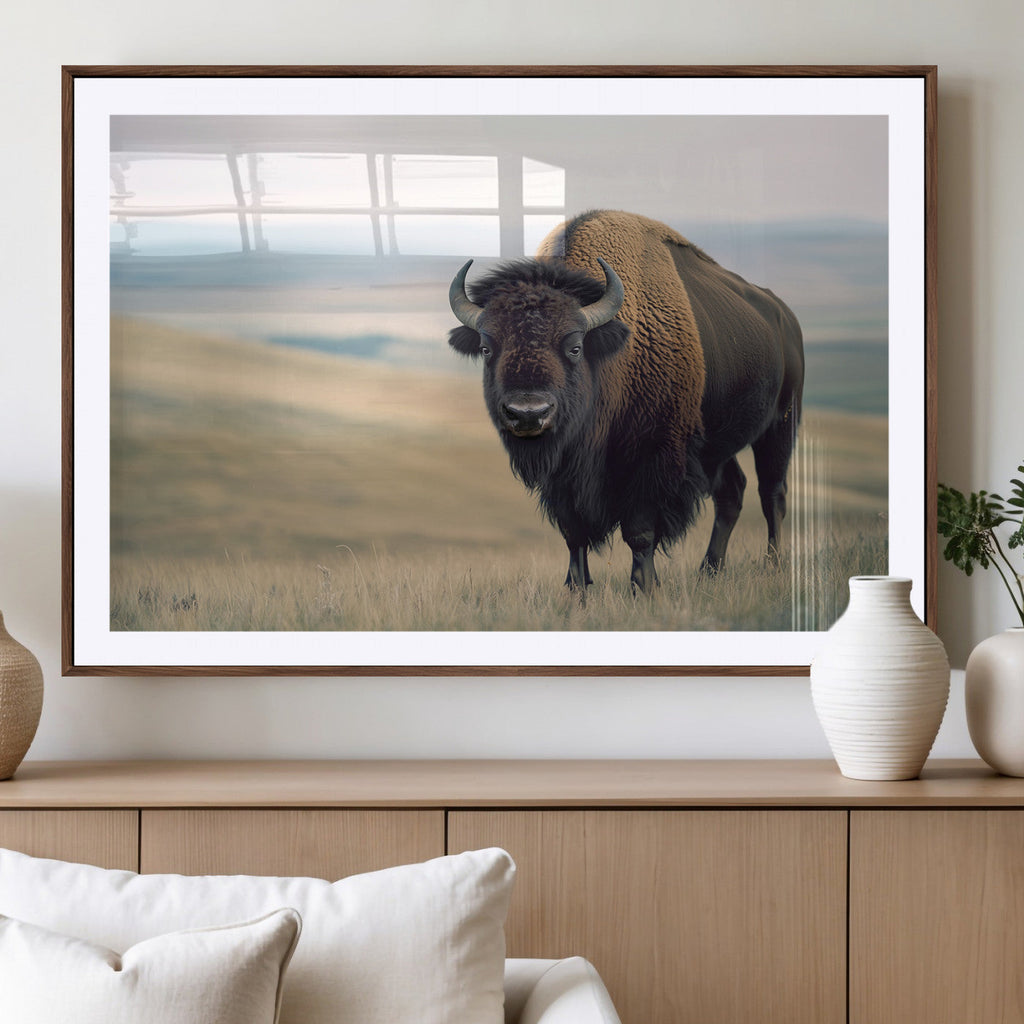 Bison Wall Art Canvas Print, Framed American Buffalo Rustic Western Artwork