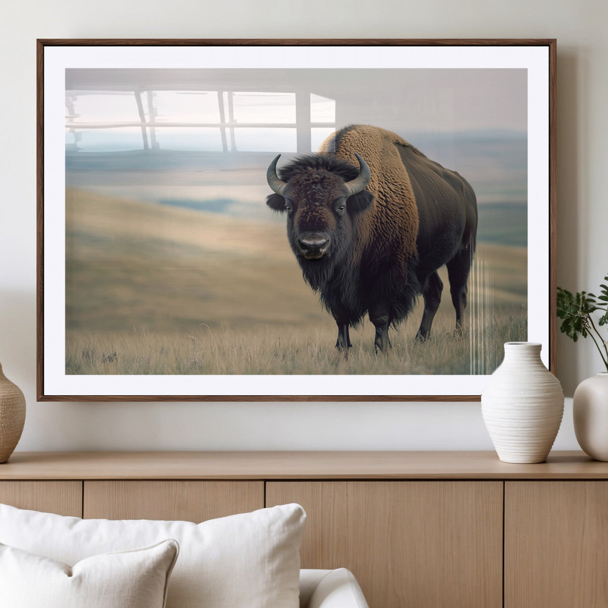Bison Wall Art Canvas Print, Framed American Buffalo Rustic Western Artwork