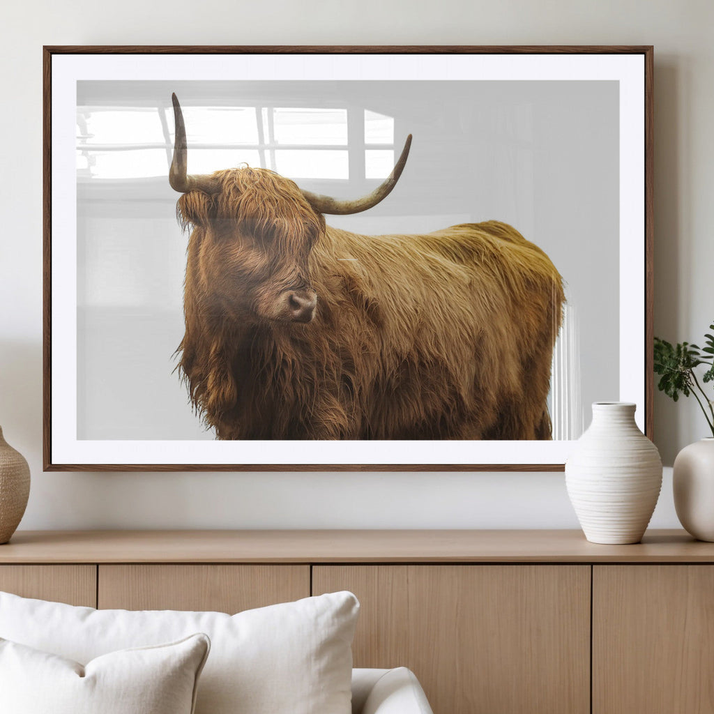 Highland Cow Wall Art Canvas Print, Framed Rustic Farmhouse Animal Portrait