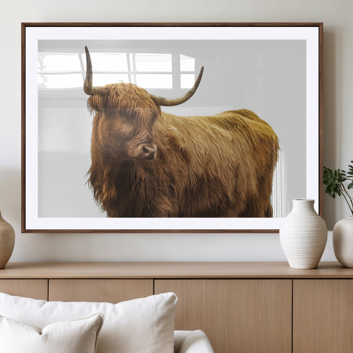 Highland Cow Wall Art Canvas Print, Framed Rustic Farmhouse Animal Portrait