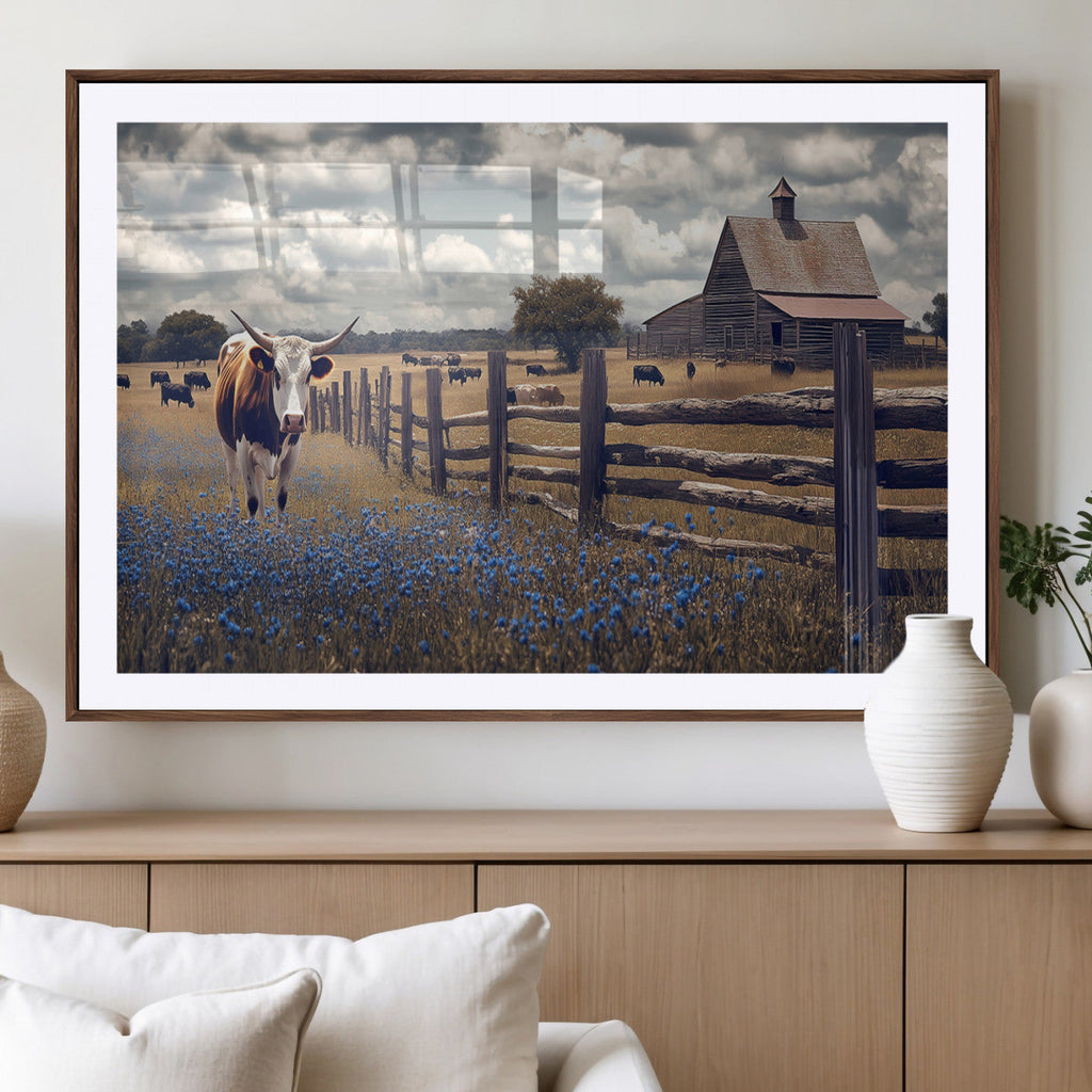 Texas Longhorn Canvas Wall Art Print, Framed Rustic Barn Farmhouse Decor