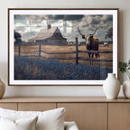Texas Longhorn Wall Art Canvas Print, Framed Rustic Barn Art, Farmhouse Cow Decor
