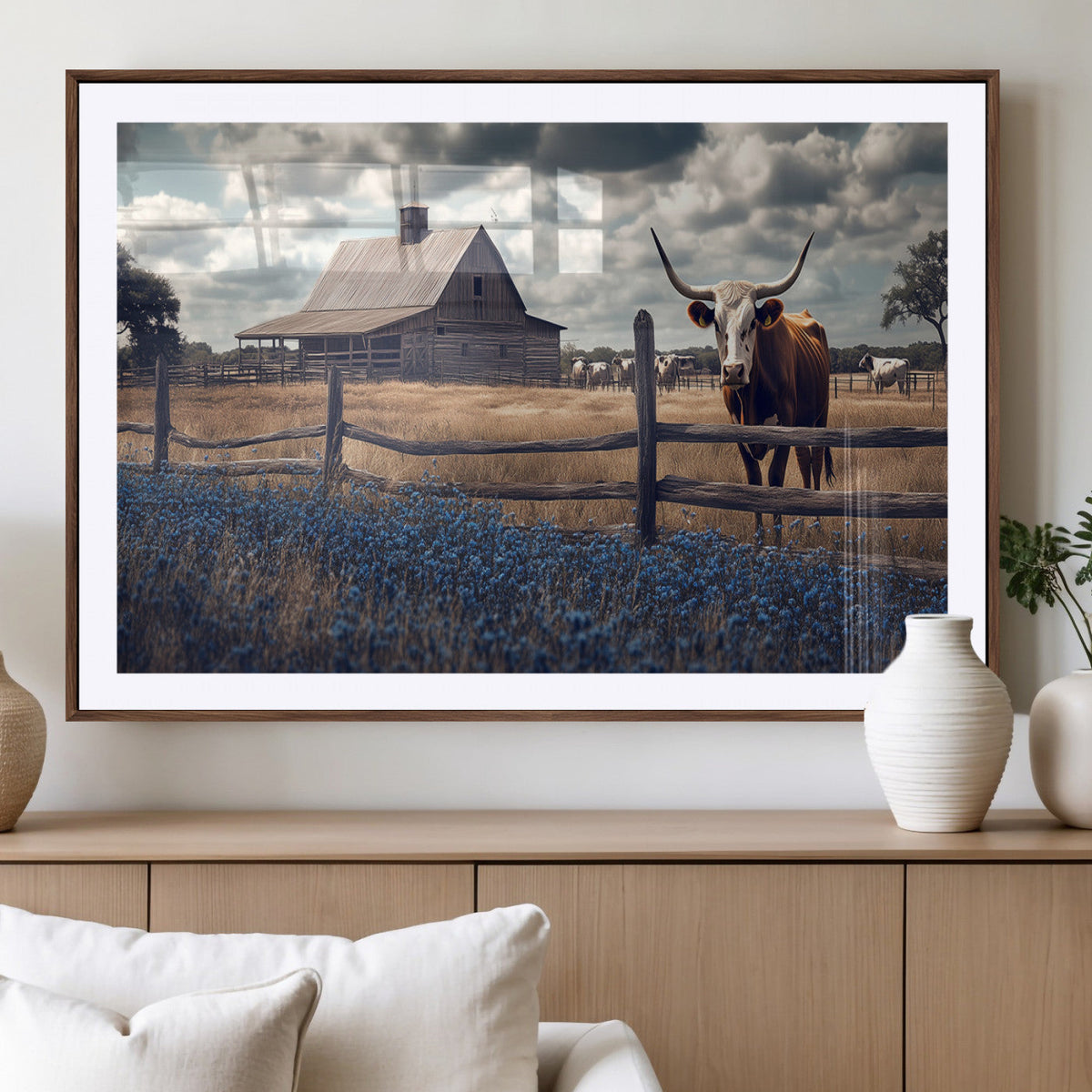 Texas Longhorn Wall Art Canvas Print, Framed Rustic Barn Art, Farmhouse Cow Decor