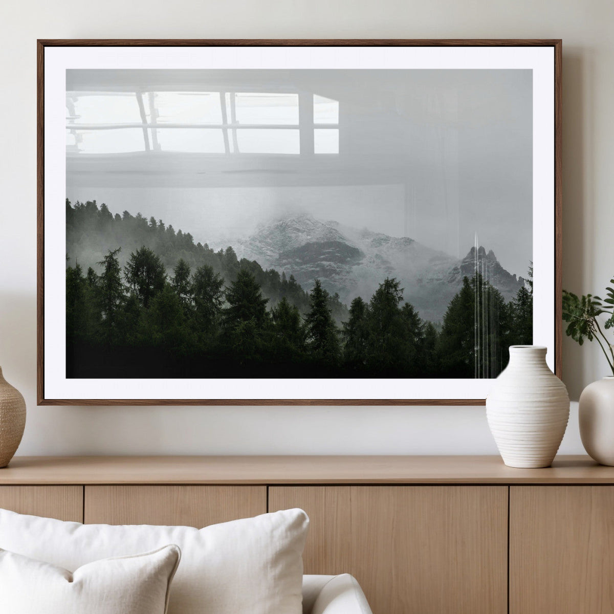 Misty Mountains Wall Art Canvas Print, Framed Foggy Forest Art, Snowy Peaks Landscape