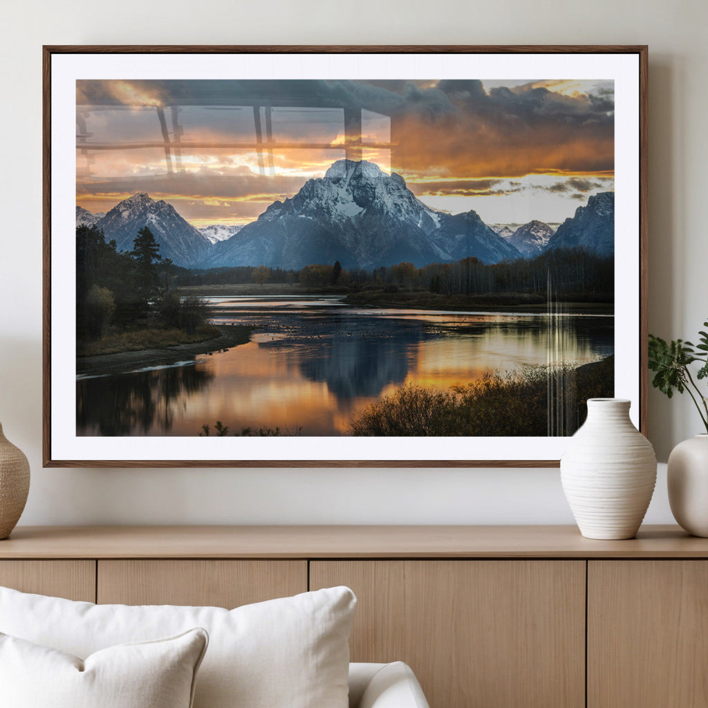 Mountain Sunset Wall Art Canvas Print, Framed Alpine Wilderness Art, Golden Hour Lake