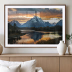 Mountain Sunset Wall Art Canvas Print, Framed Alpine Wilderness Art, Golden Hour Lake
