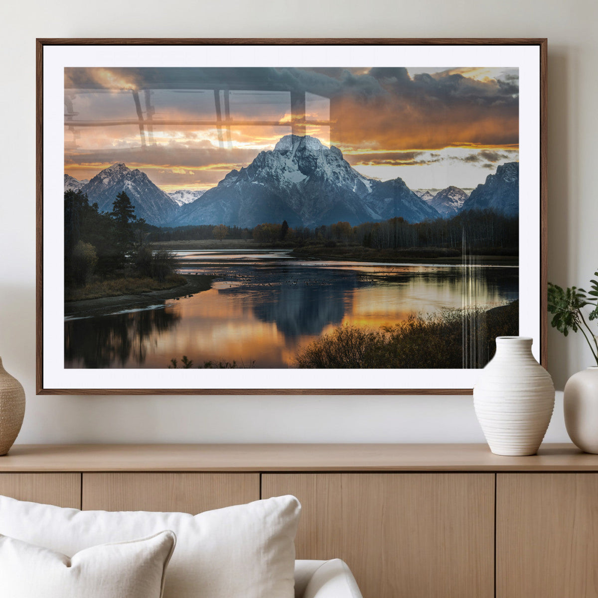 Mountain Sunset Wall Art Canvas Print, Framed Alpine Wilderness Art, Golden Hour Lake