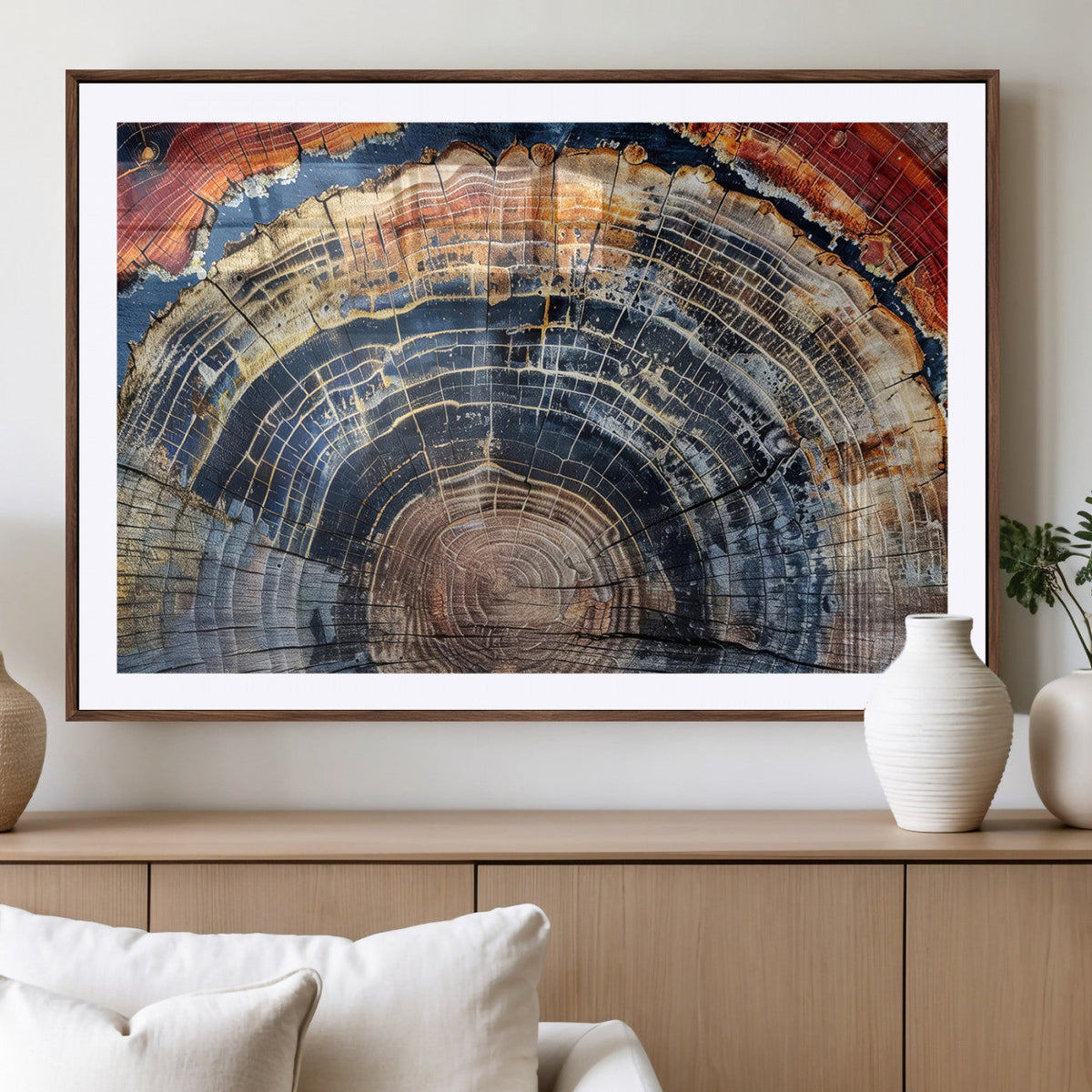 Tree Rings Wall Art Canvas Print, Framed Petrified Wood Modern Rustic