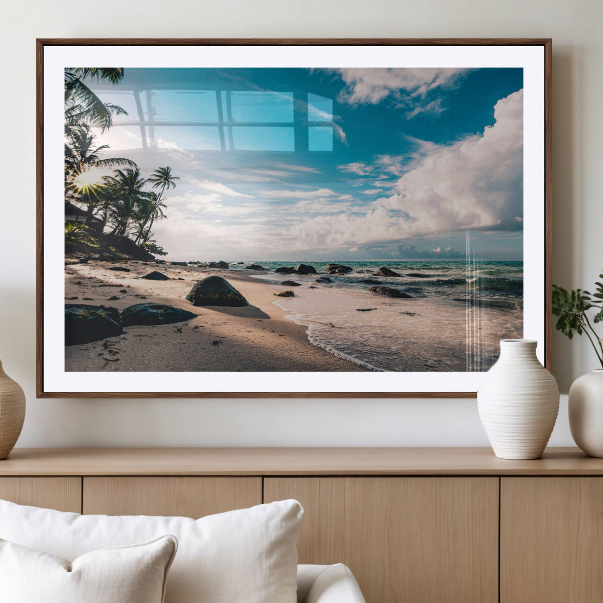 Tropical Beach Wall Art Canvas Print, Framed Ocean Waves Relaxing Seascape