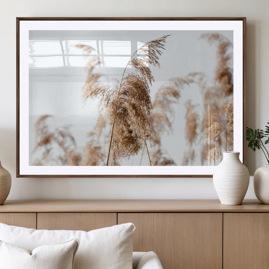 Pampas Grass Wall Art Canvas Print, Framed Neutral Tones Minimalist Boho