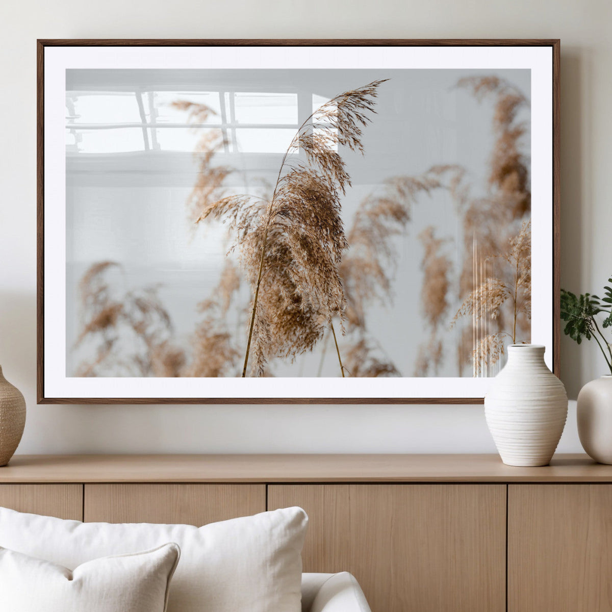 Pampas Grass Wall Art Canvas Print, Framed Neutral Tones Minimalist Boho