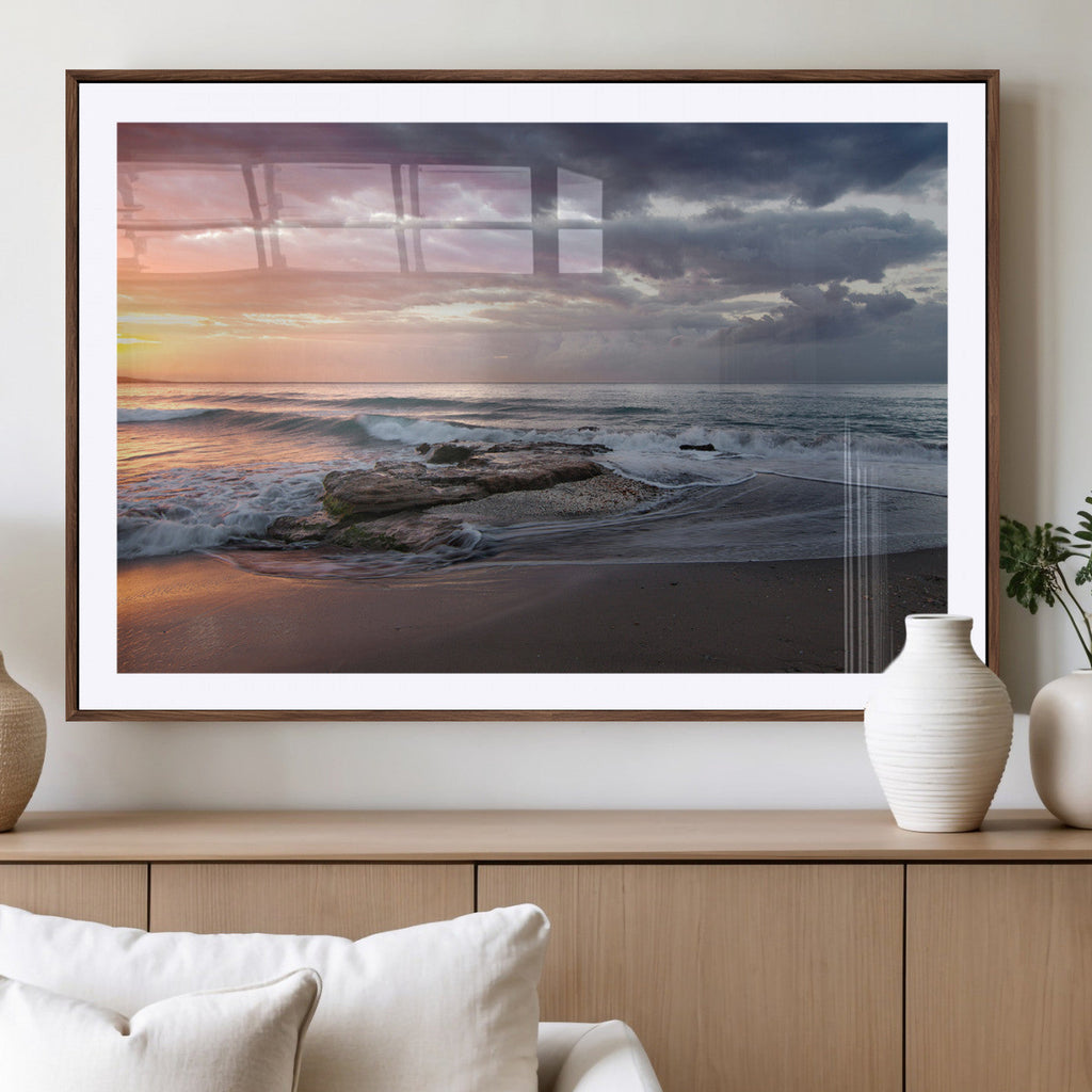 Golden Hour Wall Art Canvas Print, Framed Tranquil Waves Beach Sunset