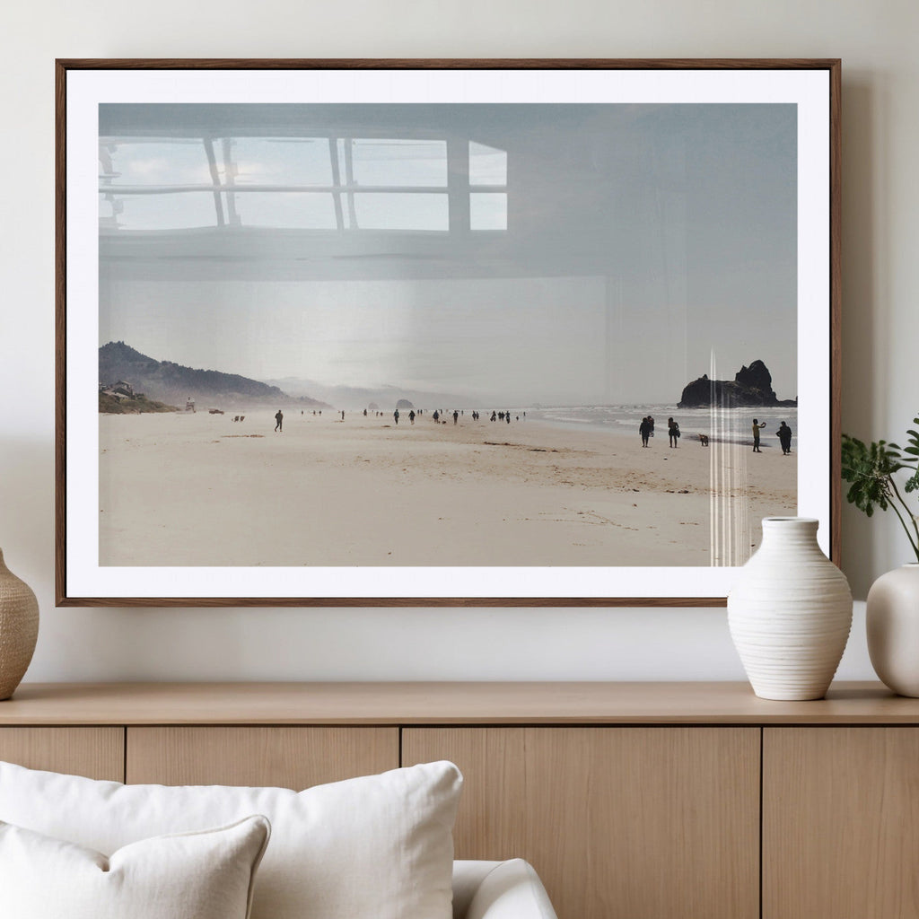 Minimalist Beach Wall Art Canvas Print, Framed Coastal Serenity Soft Sand