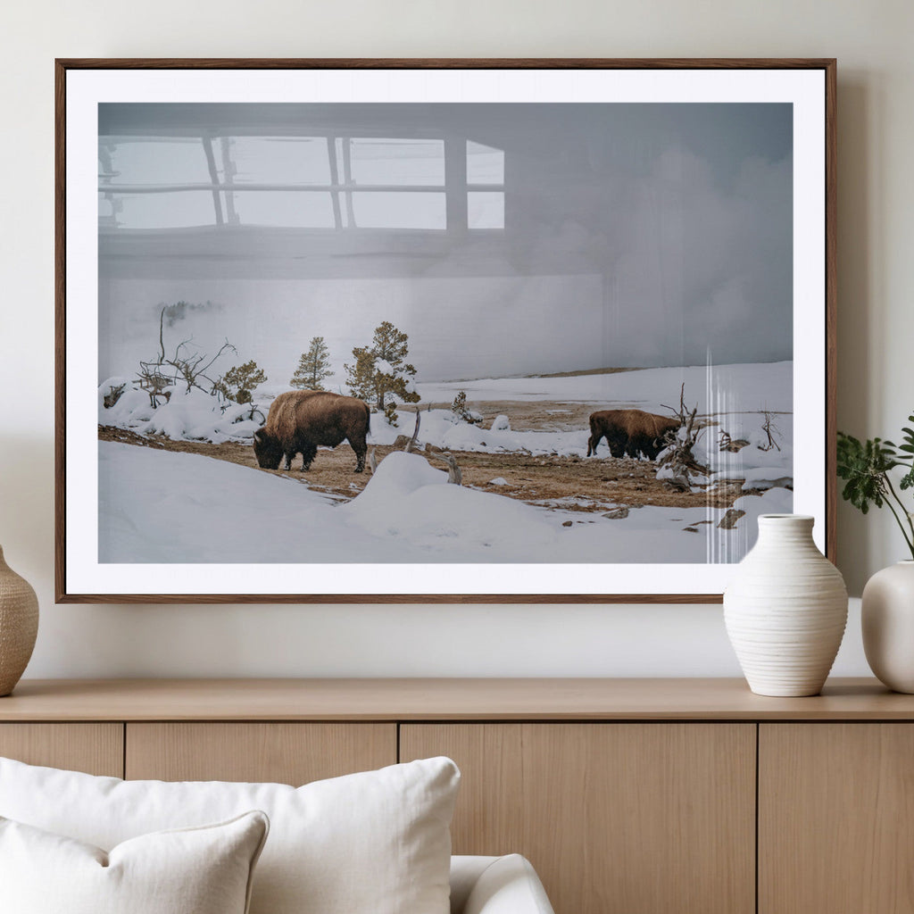 Bison Wildlife Wall Art Canvas Print, Framed Snowy Prairie Art, Western Landscape Decor