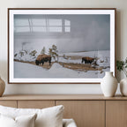 Bison Wildlife Wall Art Canvas Print, Framed Snowy Prairie Art, Western Landscape Decor
