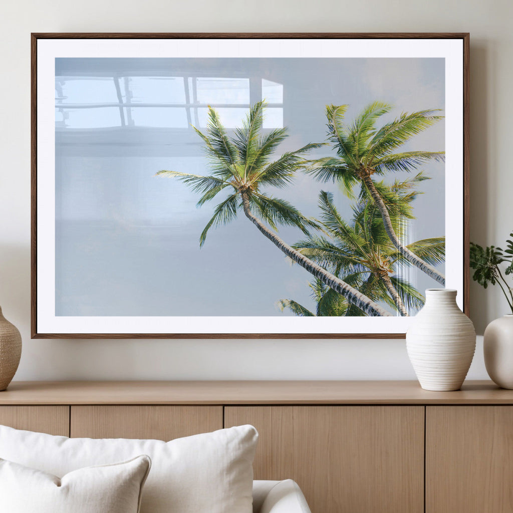 Palm Trees Wall Art Canvas Print, Framed Tropical Coastal Scene Under Blue Sky