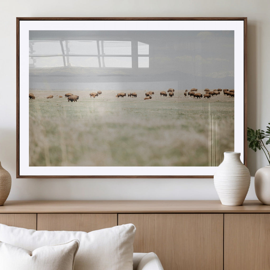 Bison Herd Wall Art Canvas Print, Framed Western Landscape with Bison in Grassland