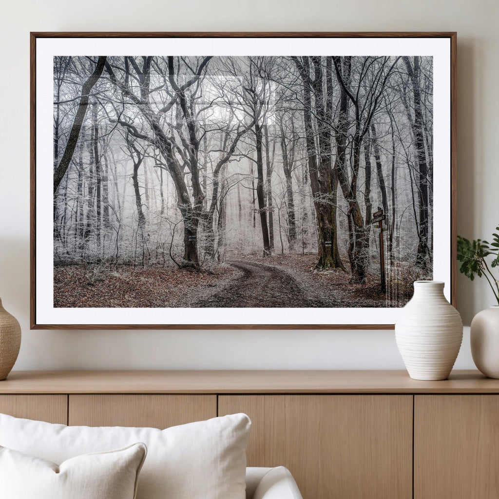 Winter Forest Wall Art Canvas Print, Framed Frosty Woodland with Misty Trees