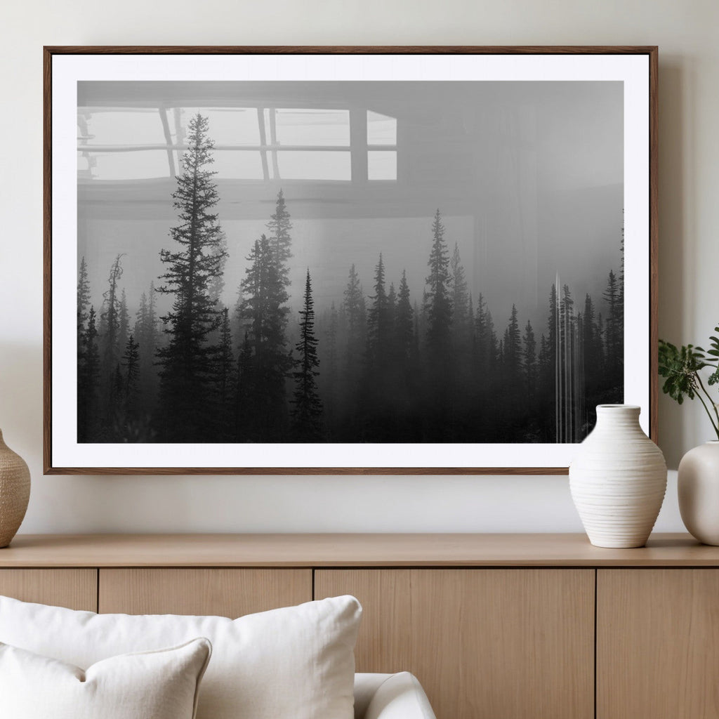Misty Pines Wall Art Canvas Print, Framed Woodland Minimalist Black and White