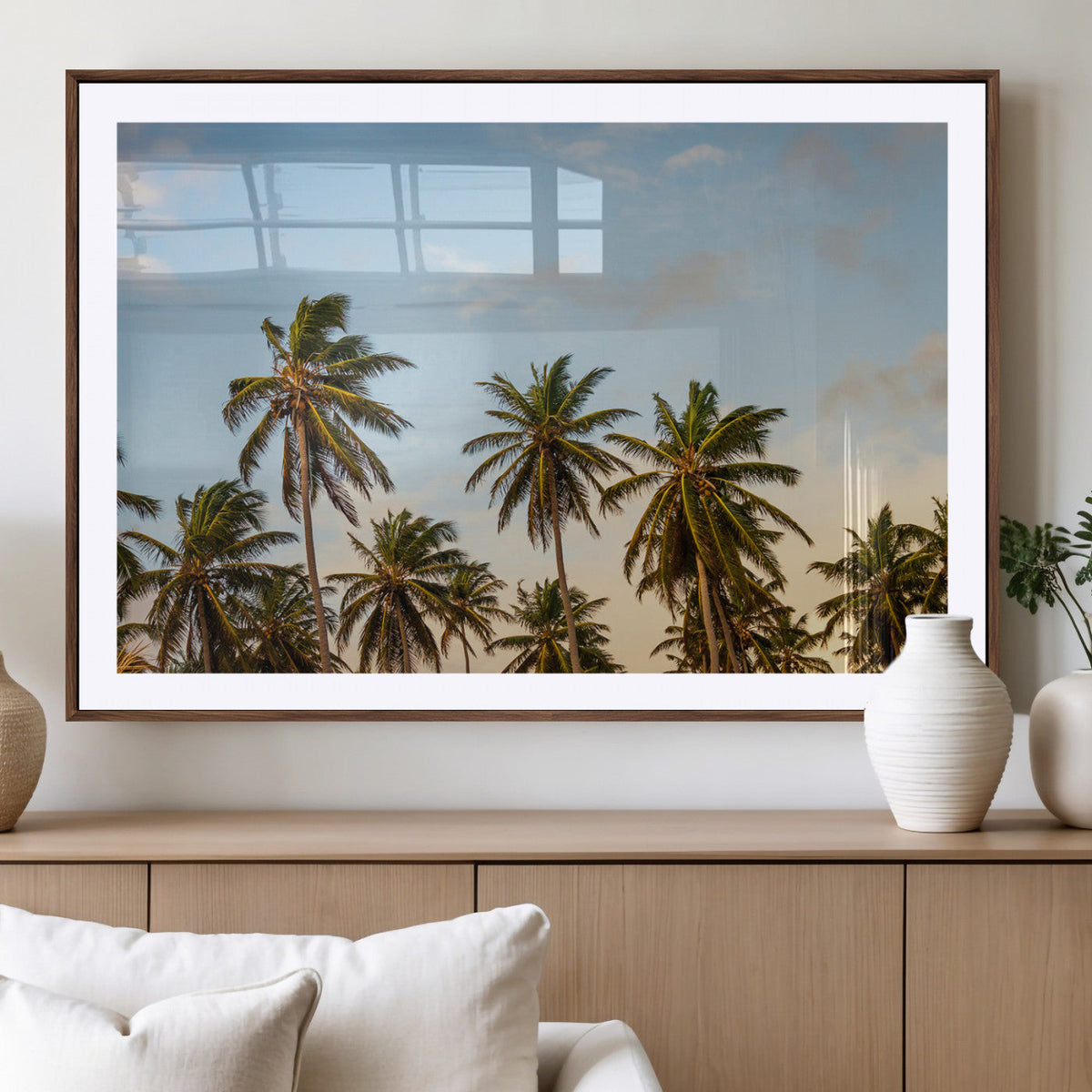 Palm Trees Wall Art Canvas Print, Framed Tropical Vibes Coastal Sunset