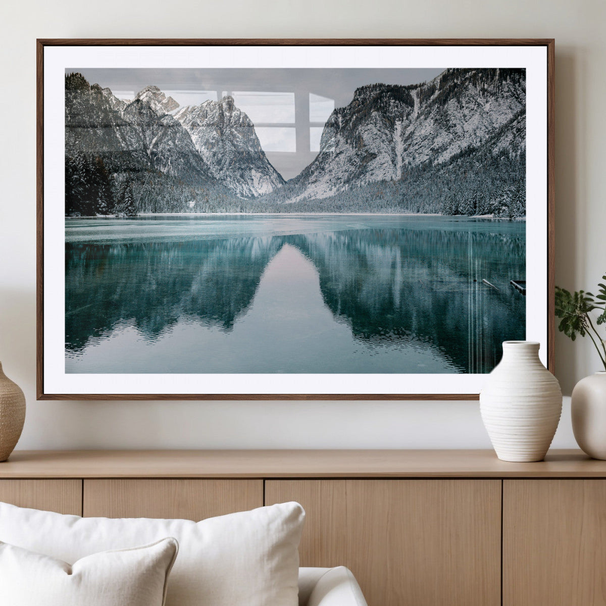 Mountain Lake Wall Art Canvas Print, Framed Toblacher See Winter Wonderland