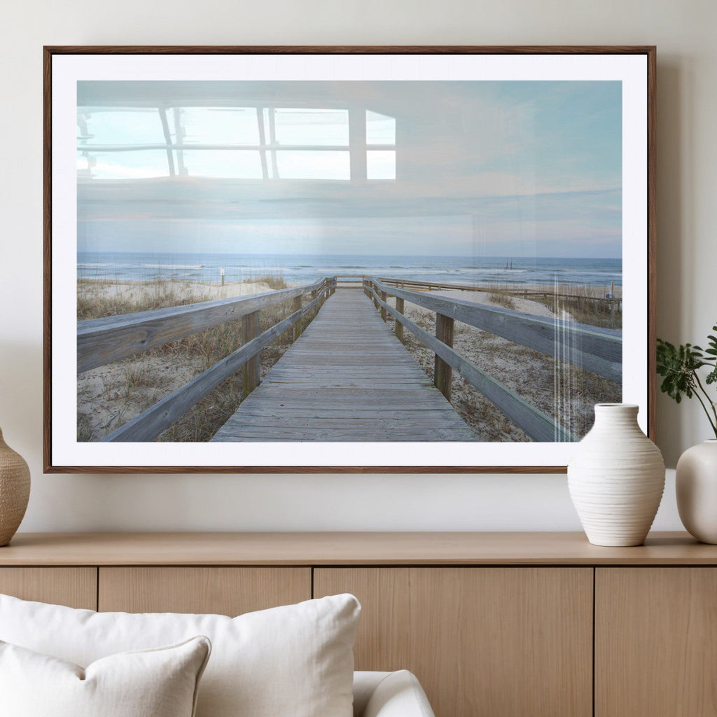 Beach Boardwalk Wall Art Canvas Print, Framed Coastal Serenity Ocean View
