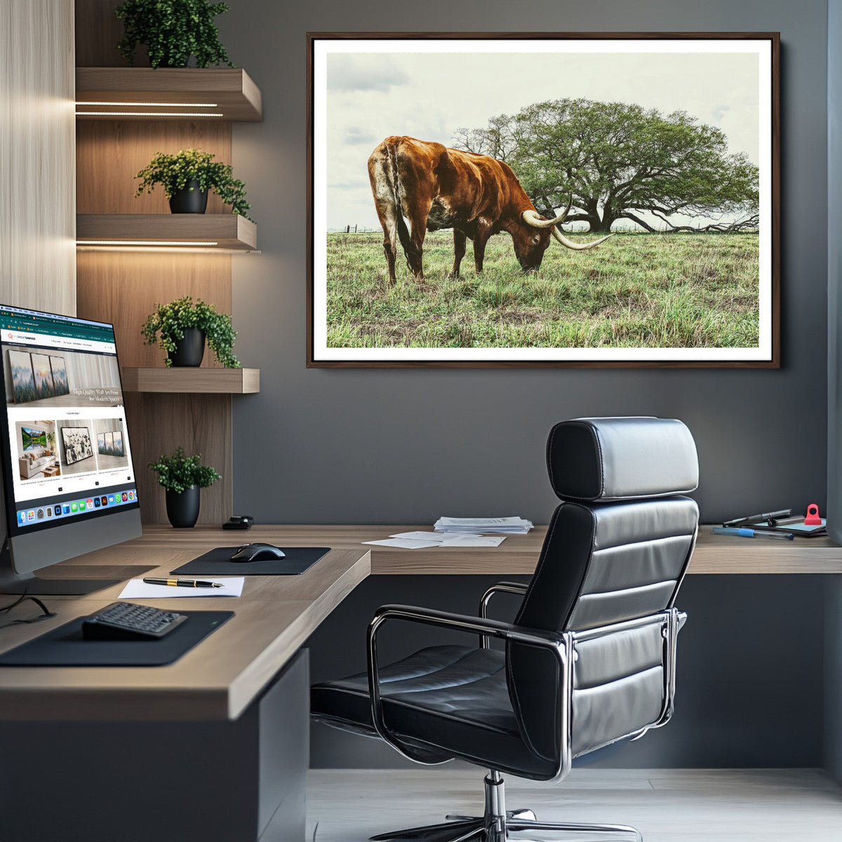 Texas Longhorn Wall Art Canvas Print, Rustic Western Ranch